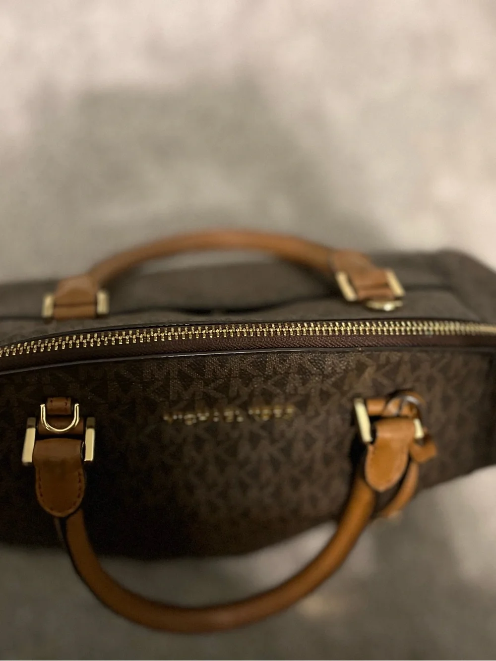 Michael Kors Brown and Tan Logo Satchel with Gold Hardware